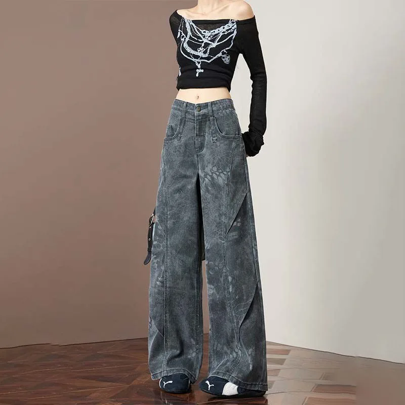 Nuevos pantalones vaqueros con estampado negro y gris para mujer, pantalones de pierna ancha Retro de cintura alta para otoño e invierno, pantalones vaqueros informales para mujer