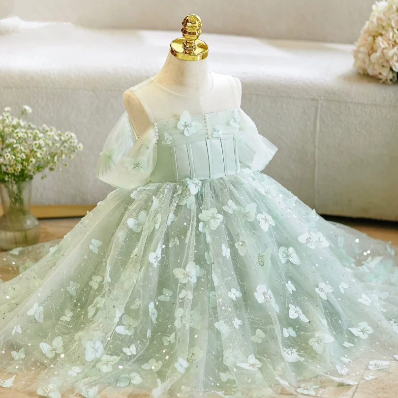 Hochwertiges Mädchen-Geburtstags-Prinzessinnenkleid, Grünes Kleid für Klavierauftritte, Kindergarten-Moderationsauftritt, Blumenmädchenkleid A5070 – Detail 4