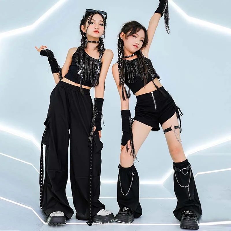 

Jazz Dance Outfit Girls Black Dance Suit For Stage Performance Fringe Crop Tops Shuffle Pants Child Kpop Fashion Clothes VDL1169