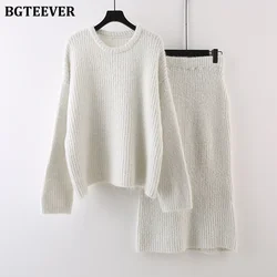 BGTEEVER Stylish Warm Ladies Knitted Outfits Autumn Winter Women 2 Pieces  Sweaters Set High Waist Skirts