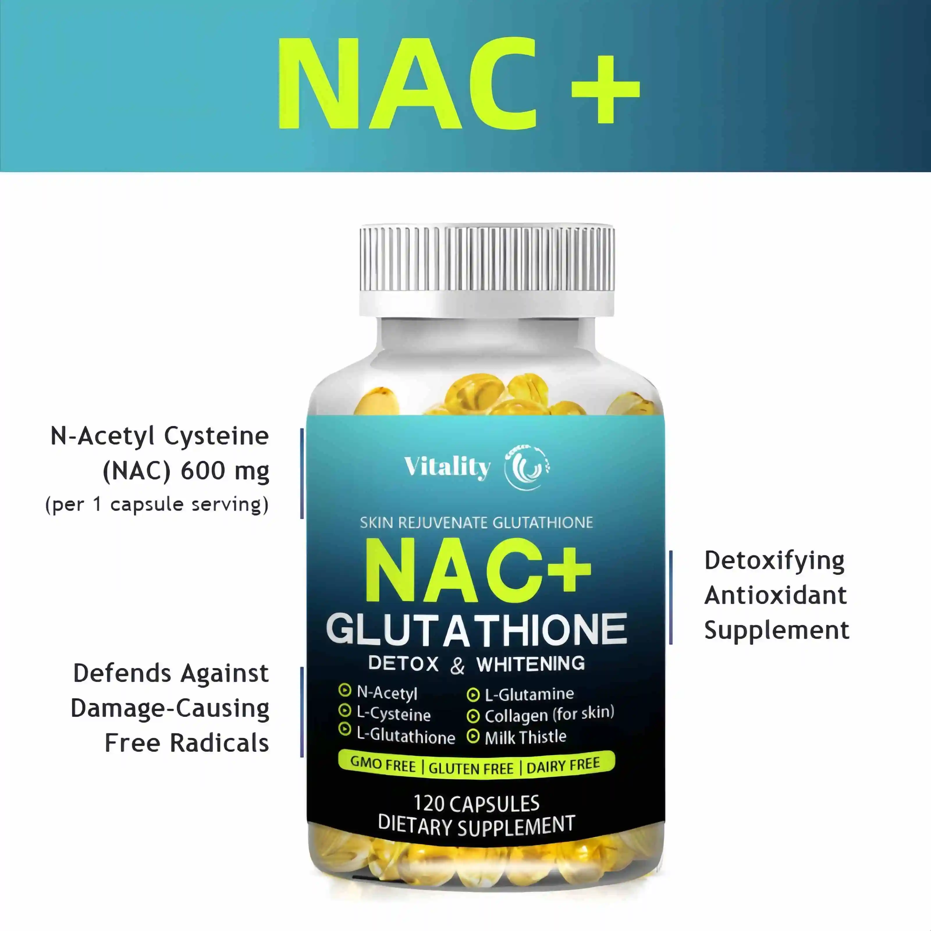 Vitality NAC + Glutathione Supplement To Support Skin Health - Antioxidant Supplement, Non-GMO, 120 Capsules