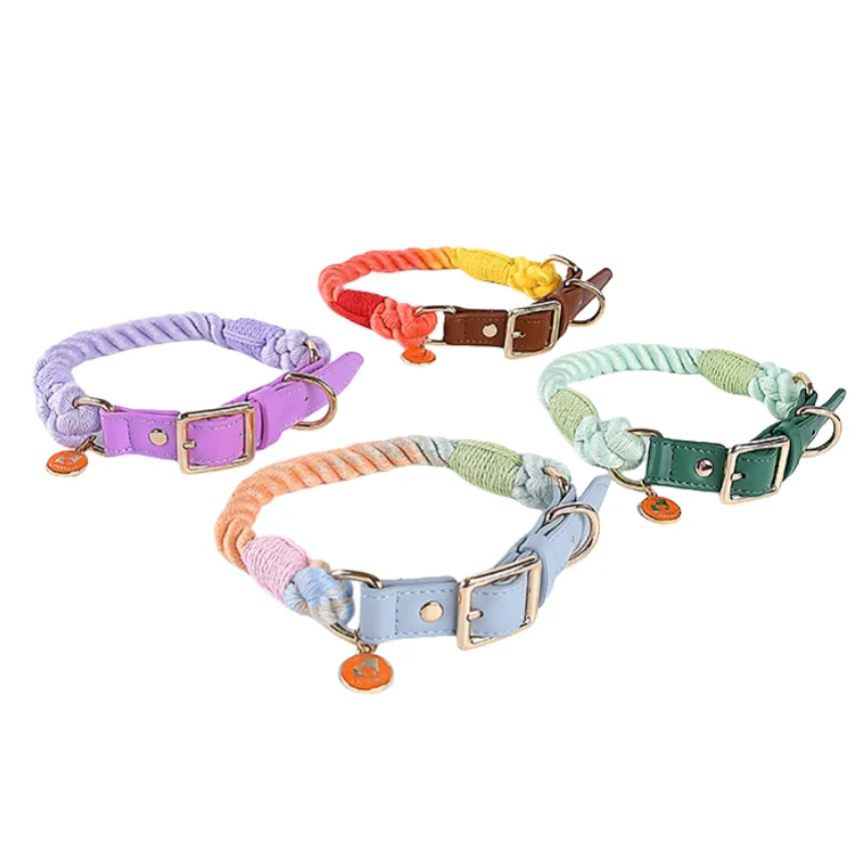 

soft Leather pet collar for cat and dogs adjustable handcrafted cat collar handwoven cotton rope comfortable durable cat collar