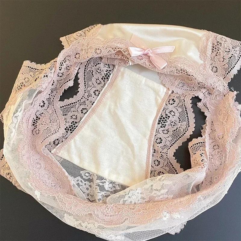 Французские полупрозрачные кружевные трусики, женские весенние удобные сексуальные хлопковые женские трусы с бантом, женские сексуальные кружевные трусики