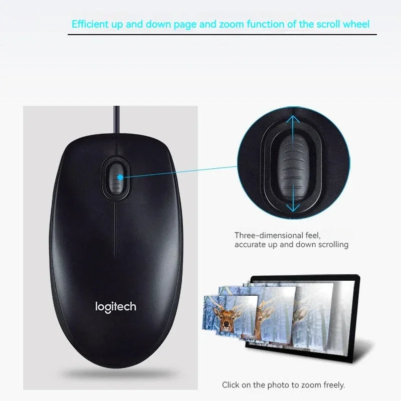 Logitech B100 Wired Mouse Comfortable Office Gaming Peripheral Connection Laptop Desktop Universal Mouse