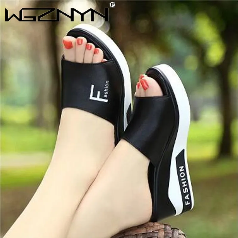 Summer Women Slipper Wedges Leather Slip on Casual Beach Slides Platform Ladies Shoes Height Increasing Chunky Zapatos De Mujer