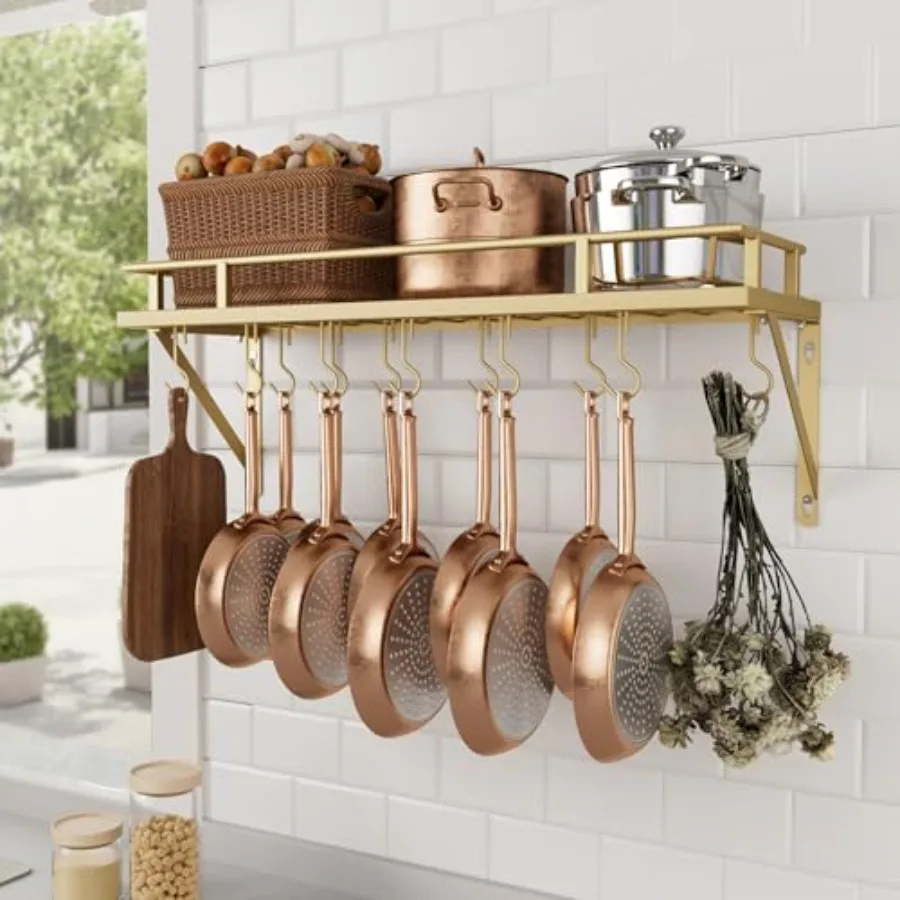 

Pot Rack Wall Mounted Hanging Pot and Pan Organizer with 12 Sturdy Hooks Elegant Modern Kitchen Wall Hanger Shelves KUR215S75A-