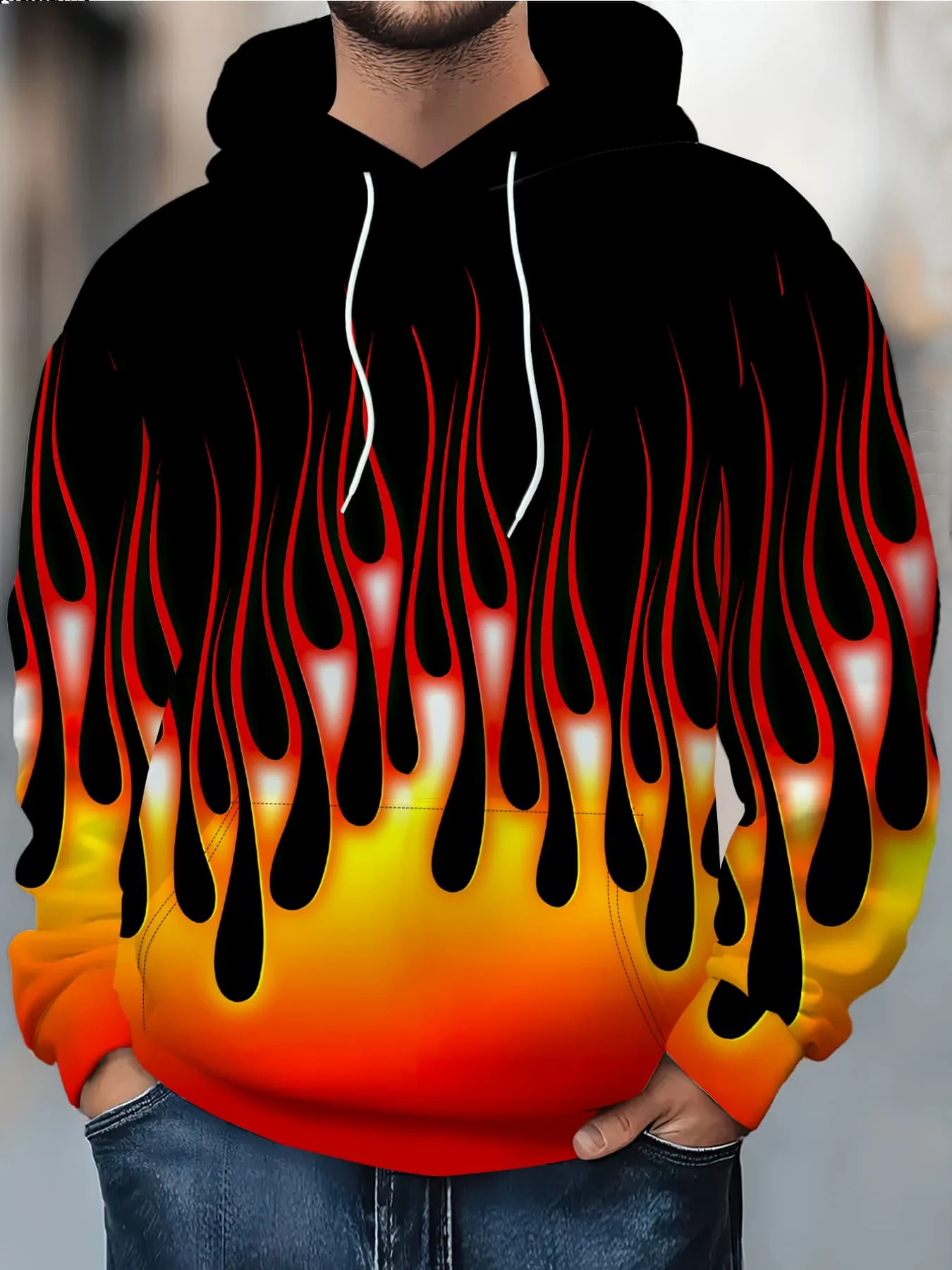 Men Gradient Red Orange Flame 3D Print Hoodie Classic Fire Graphic Long Sleeve Pullover Sweatshirt With Pocket