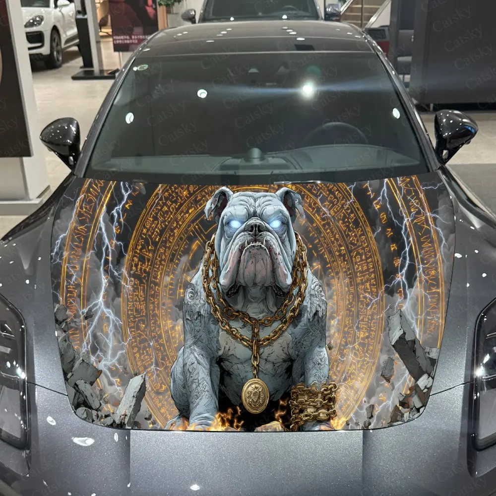 Bulldog Flame Myth Dominant PVC Car Hood Wraps, Self-Adhesive Waterproof Car Bonnet Decal Sticker, Car Decoration Protection Sti