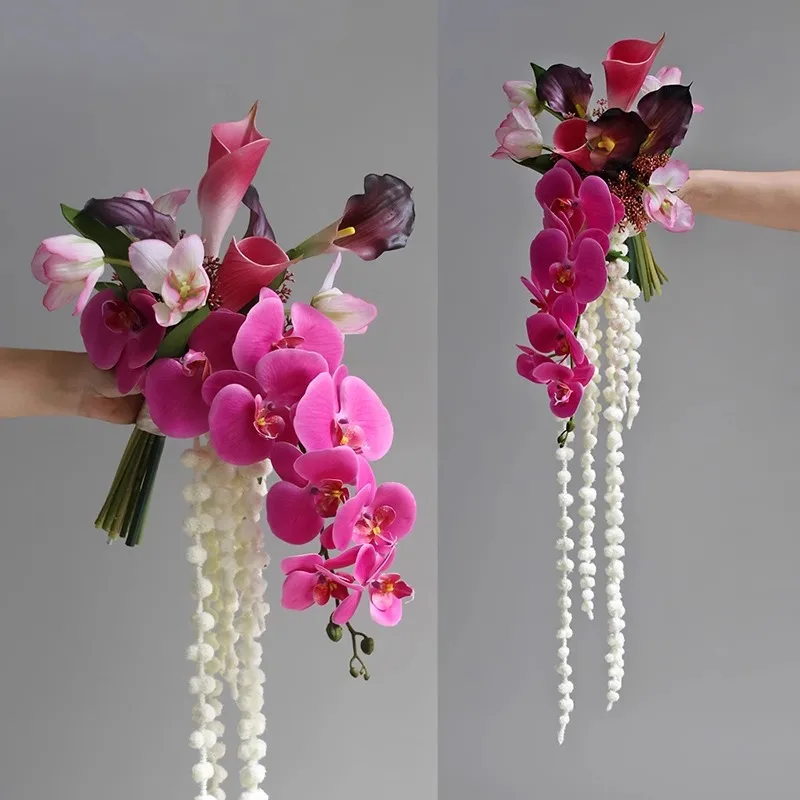 

Bouquet of silk flowers, Phalaenopsis pendant waterfall bridal bouquet, wedding photography simulation flower placement decorati