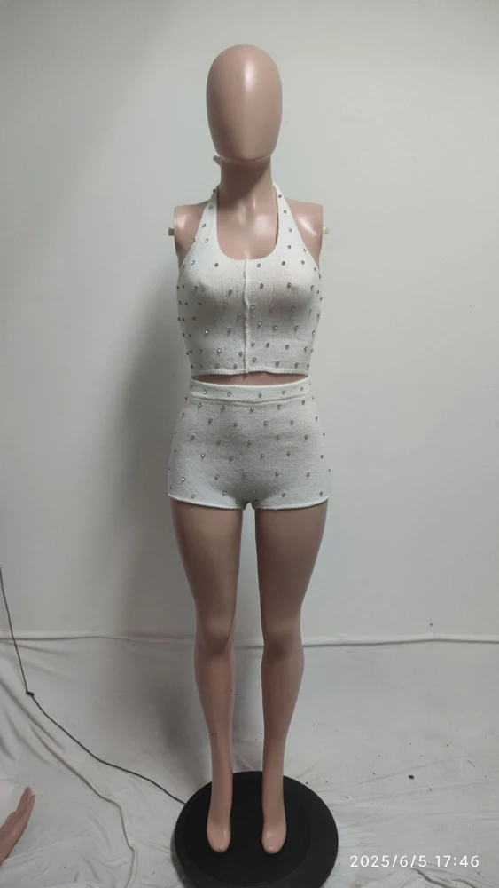 2025 Woman Set Luxury Rhinestone Patchwork 2 Piece Club Outfits Backless Knit Halter V Neck Tank Tops and Shorts Matching Sets - Image 4