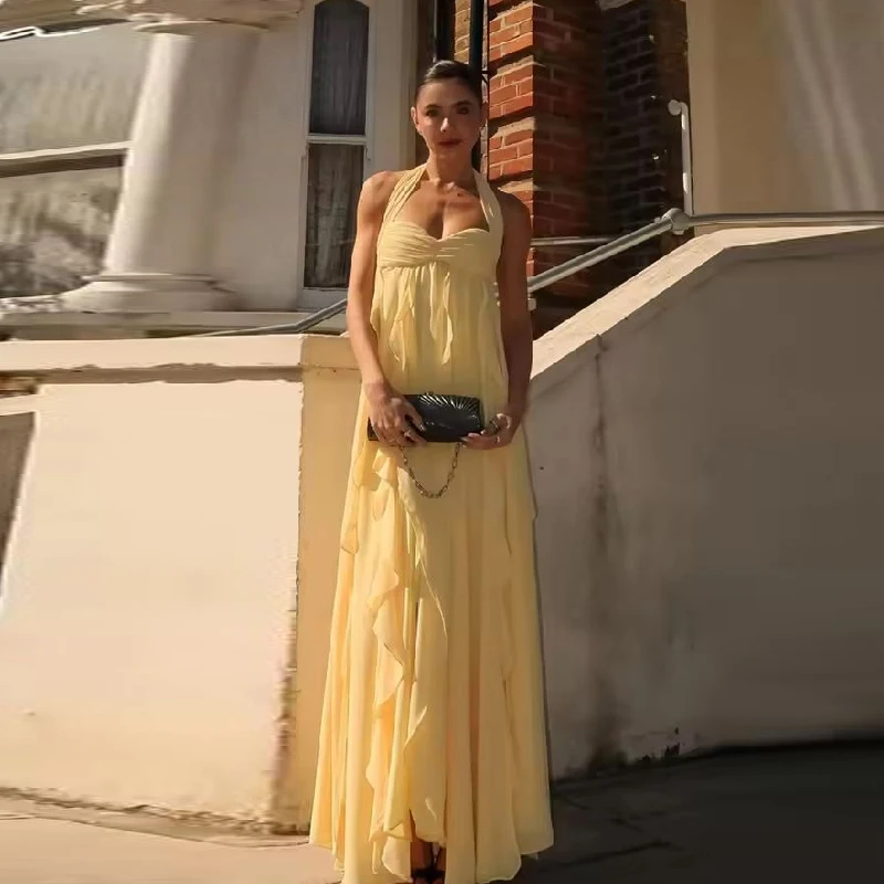 

Chiffon Ankle-Length Evening Dresses Yellow Halter Neck Customized Party Dresses Elegant Sleeveless Backless Prom Dresses