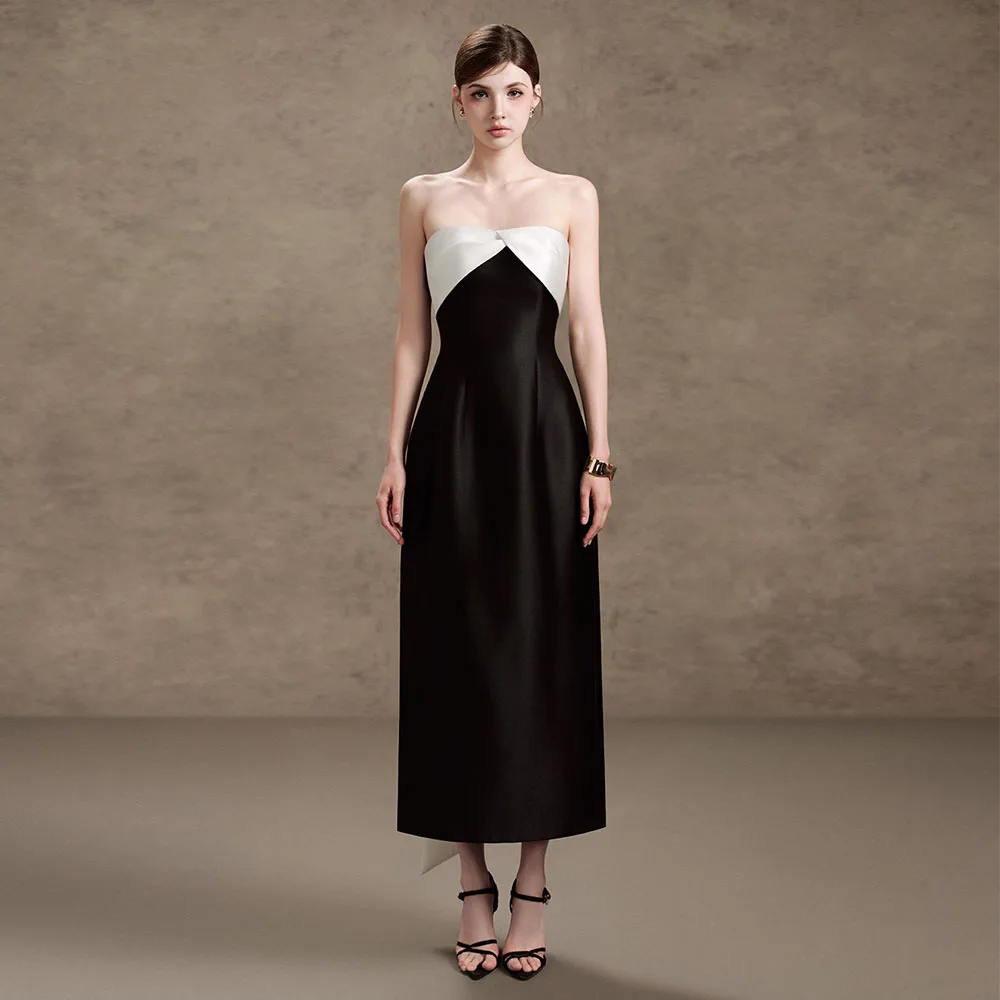 

Women's Evening Dress Midi Strapless Pleated A Line Black Satin Evening Gowns 2025 Tea Length Sleeveless Ivory Bow Cocktail Gown
