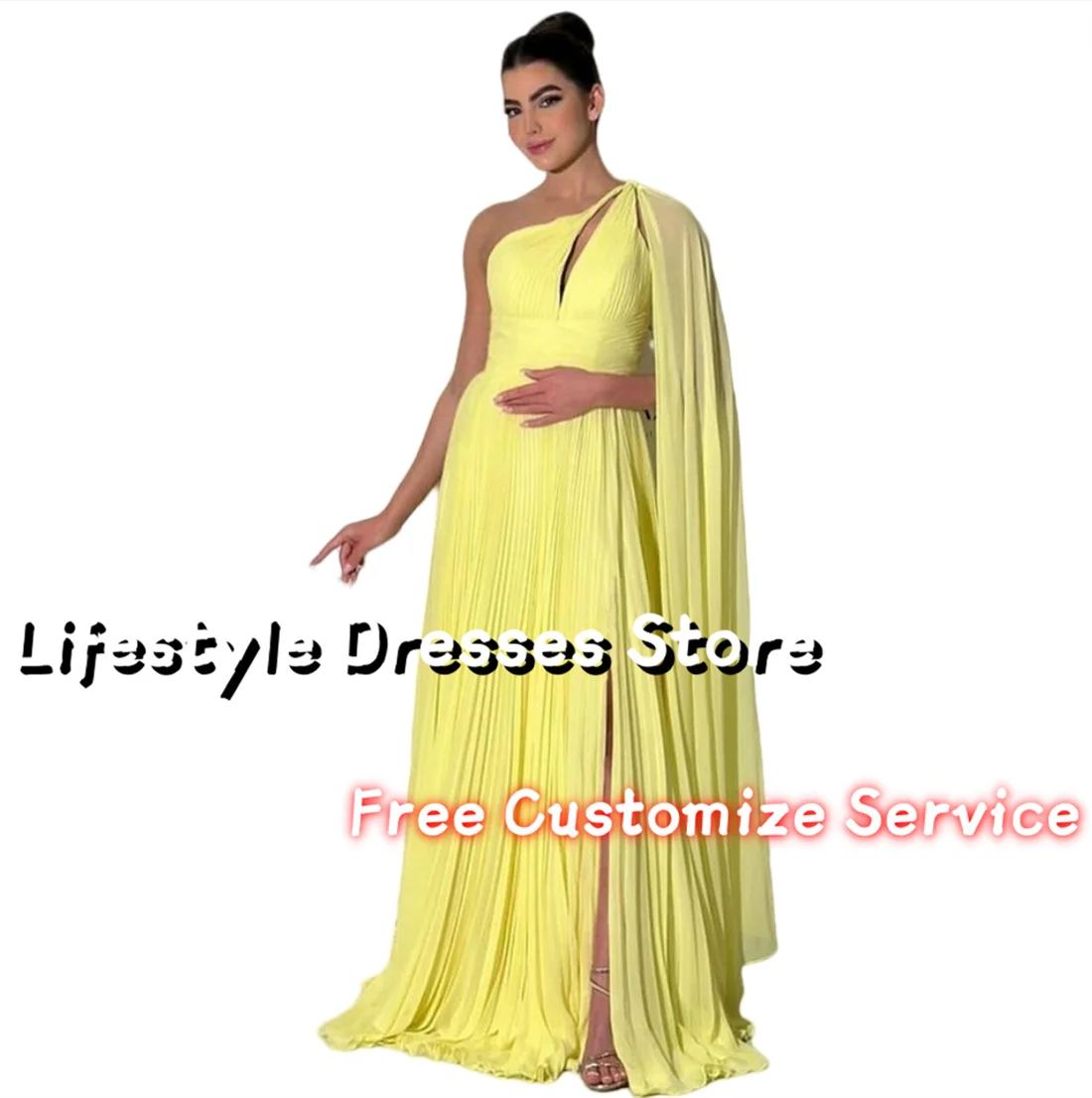 

One-Shoulder Chiffon Yellow Prom Dress A-Line Pleated Formal Saudi Evening Dresses For Wedding 2024 Birthday Party Gown