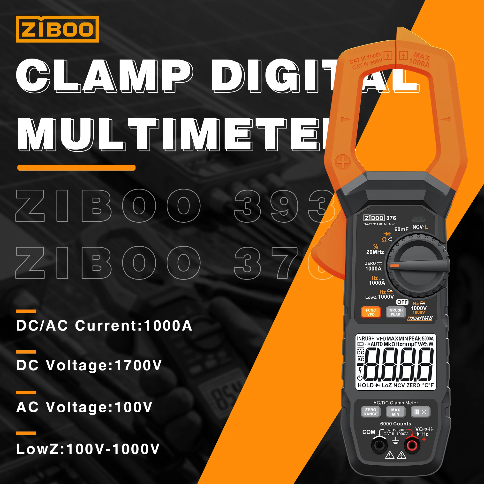 ZIBOO 376 Digital Clamp Meter True RMS;ZIBOO 393 True RMS Clamp Meter VFD, LoZ, NCV, Measures Temp/Capacitance/Resistance.