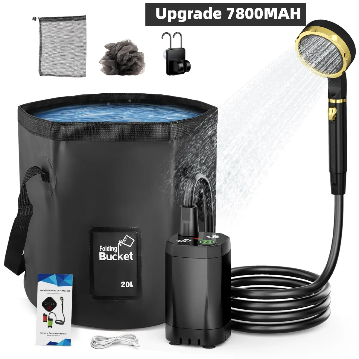 Douche de Camping Portable améliorée 7800mAh avec pompe Rechargeable, Kit de douche extérieure, sac pliable de 20L pour voyage, jardin et lavage de voiture