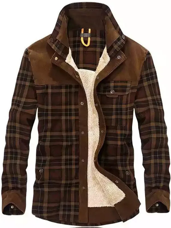 

Men's Plaid Color Blo Stand up Collar Casual Jaet Loose Fit Cotton Windproof Long Sve Regular Length Faion Outerwear