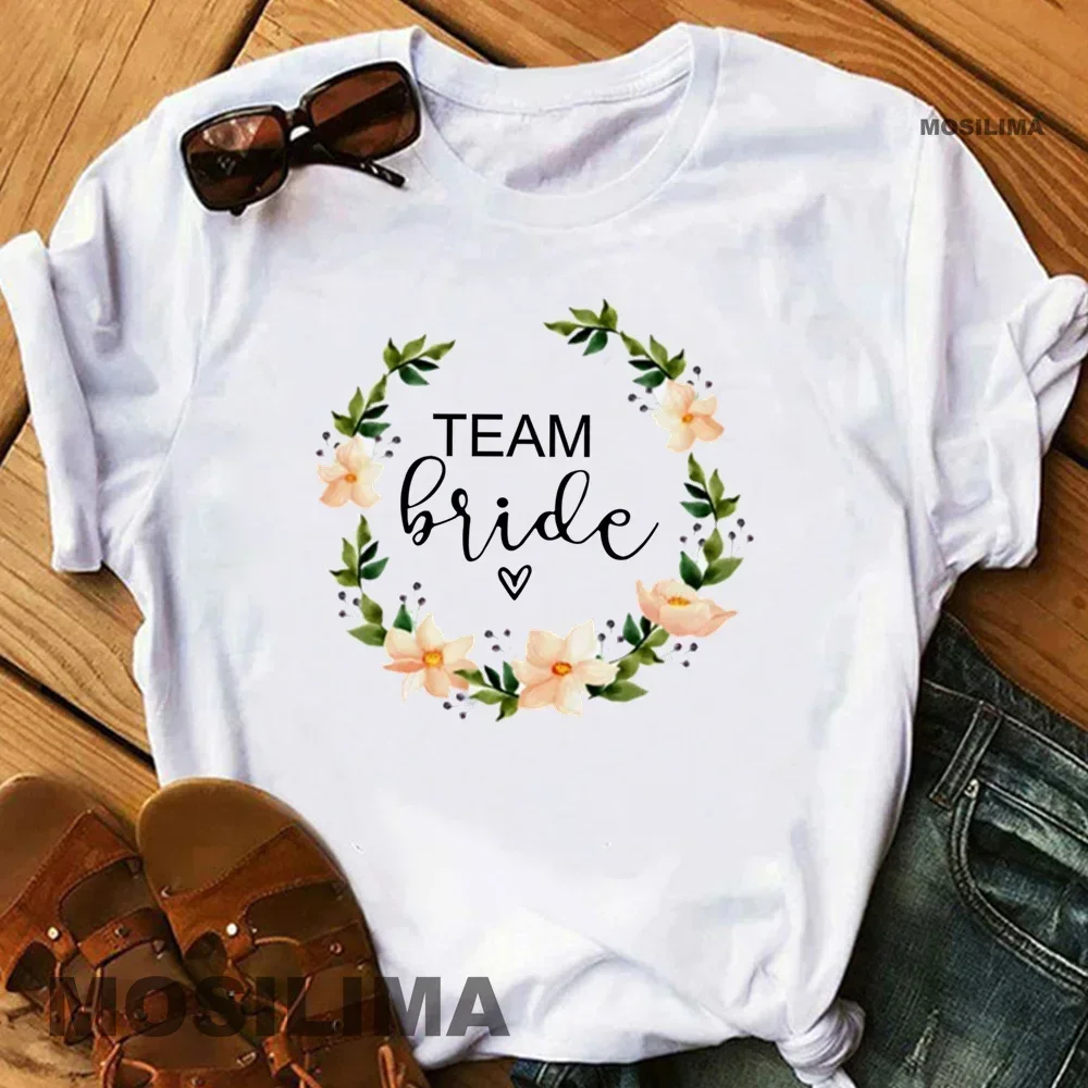 Team Bride Bachelorette Wedding Party Women Evjf Tee Shirt Casual ladies basic O-collar Pink Short Sleeved T-shirt Girl MOS001