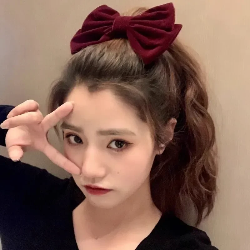 Black Red Velvet Bow Hair Pins Elegant Fabric Hair Clips Rubber Band for Women Fashion Ponytail Barrette Heawear Accessories