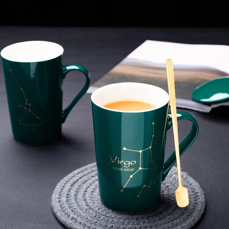 

Creative Twelve Constellations Ceramic Cup Mug with Lid and Spoon, Modern Simple Style Milk Coffee Cup, Beautiful Gift Boxed.