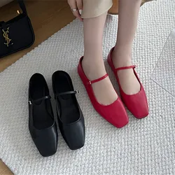 Bailamos Women Casual Ballet Flats Shoes 2024 Ins Real Leather Buckle Strap Soft Square Toe Low Heels Office Shoes Mujer