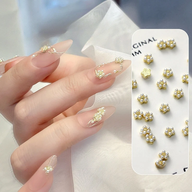 5pcs Pearl Nail Accessories Flower Nail Art Pile Diamond Decoration Mini Alloy Wearing Armor Art Design DIY Nail Drill