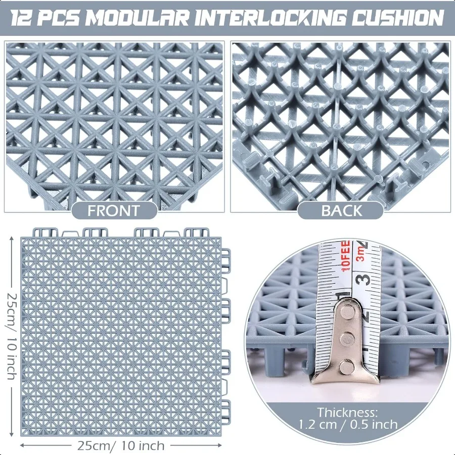 12팩 배수 매트 인터로킹 타일 10인치 x 10인치 고무 바닥 타일 고무 매트 미끄럼 방지 모듈형 인터로킹 쿠션 풀 매트