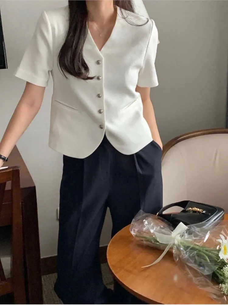 Summer Short Sleeve Blazer Suit Coats Women V-Neck Fashion Elegant Ladies Cropped Blazer Suits Korean Style Loose Woman Tops