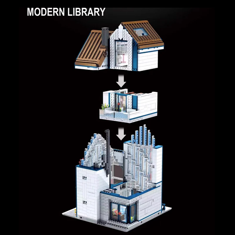 Mouldking Moc16022 Modern Bibliotheekmodel Modulaire Street View-Serie Kleine Deeltjesassemblage Speelgoed Bouwstenen Jongens Cadeau Voor Kind