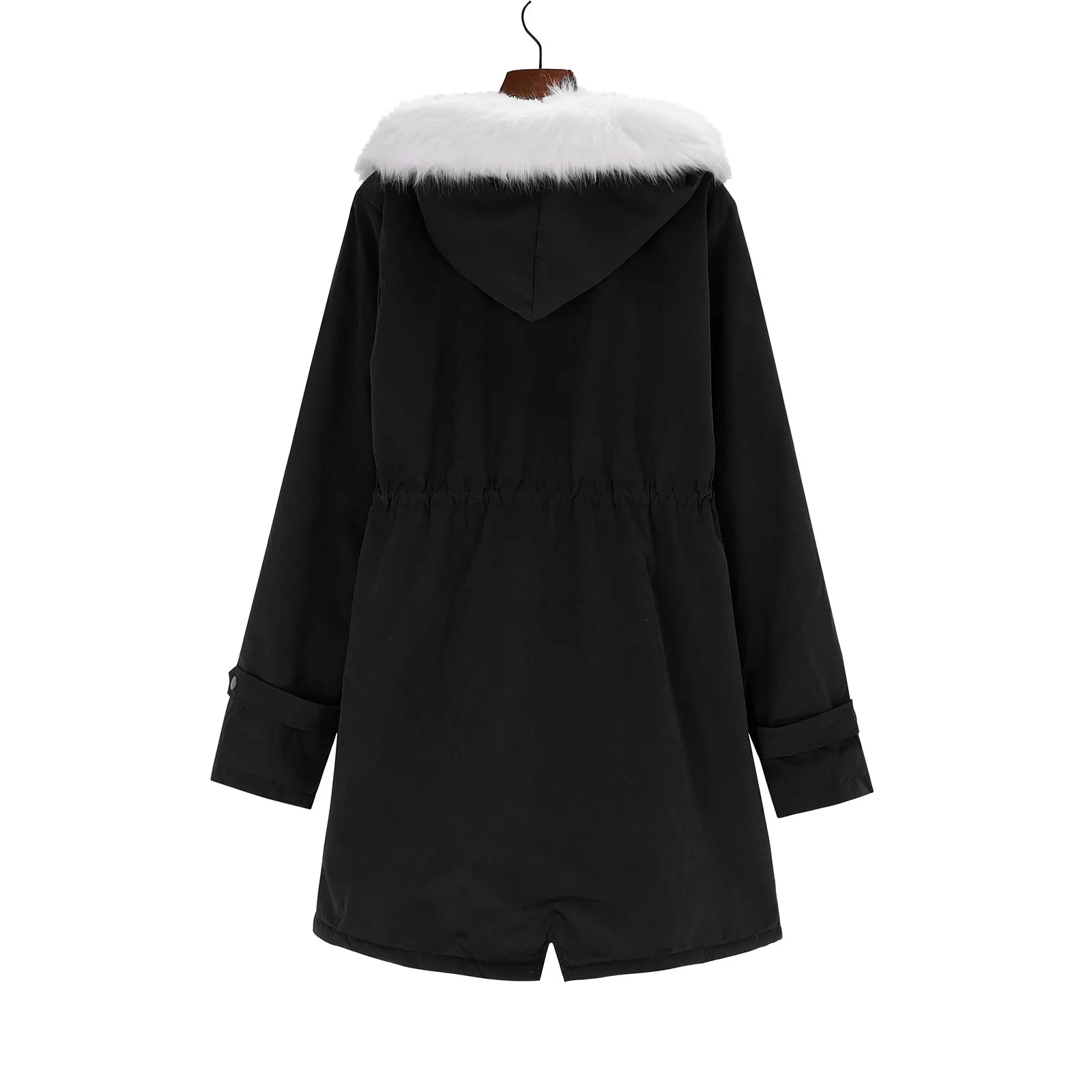 Women Outwear Removal Faux Fur Collar Long Sleeve Waist Drawstring Women Coat Winter Hooded Fleece Lined Mid-Length Coat