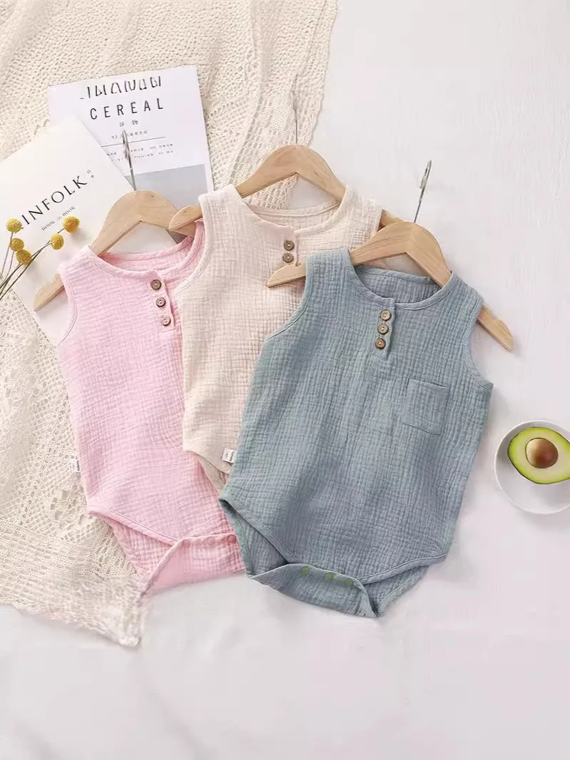 Baby Sleeveless Bodysuit Summer Thin Cotton Gauze Sleepwear Onesie 0-3Y Toddler Boys Girls Comfortable Infant Pajamas