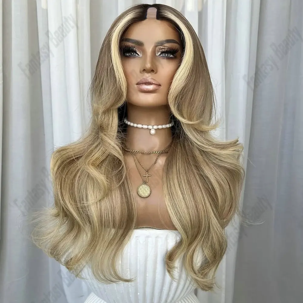 

Creamy Blonde Brown Hightlight Human Hair Glueless 1x4 U Part Wig for Women Dark Roots Remy Hair With Clips Easy Wear V Part Wig
