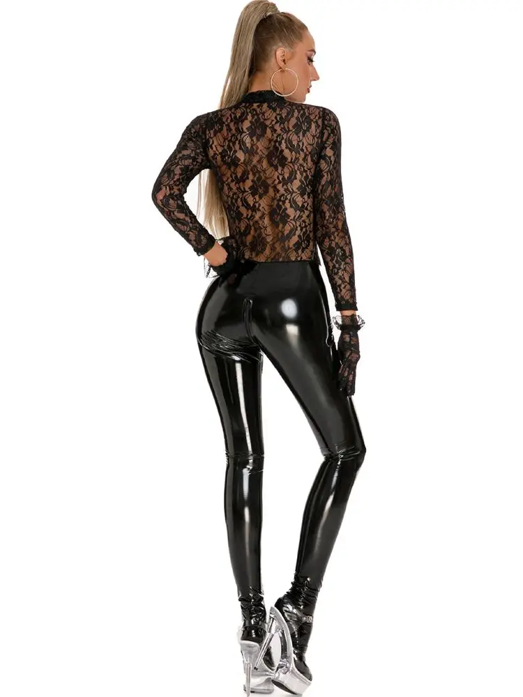 Wet Look PVC Catsuit Lange Sleeve Zipper Öffnen Gabelung Bodysuit Spitze Patchwork Sehen Durch Trikot Engen Hot Sexy Clubwear Overall