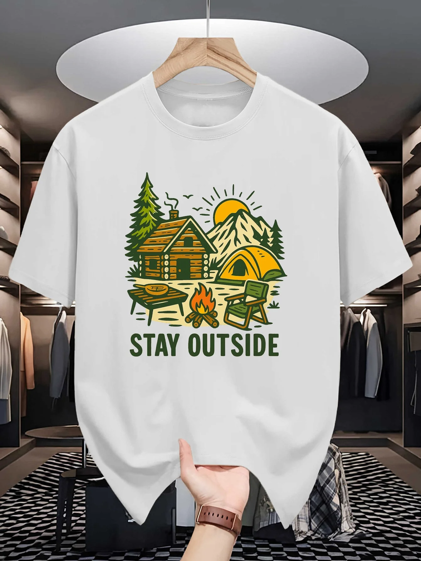 Mens Stay Outside Camping Cabin Graphic Tshirt Retro Nature Crew Neck Tees Casual Tops For Outdoor Hiking Lovers Holiday Gift