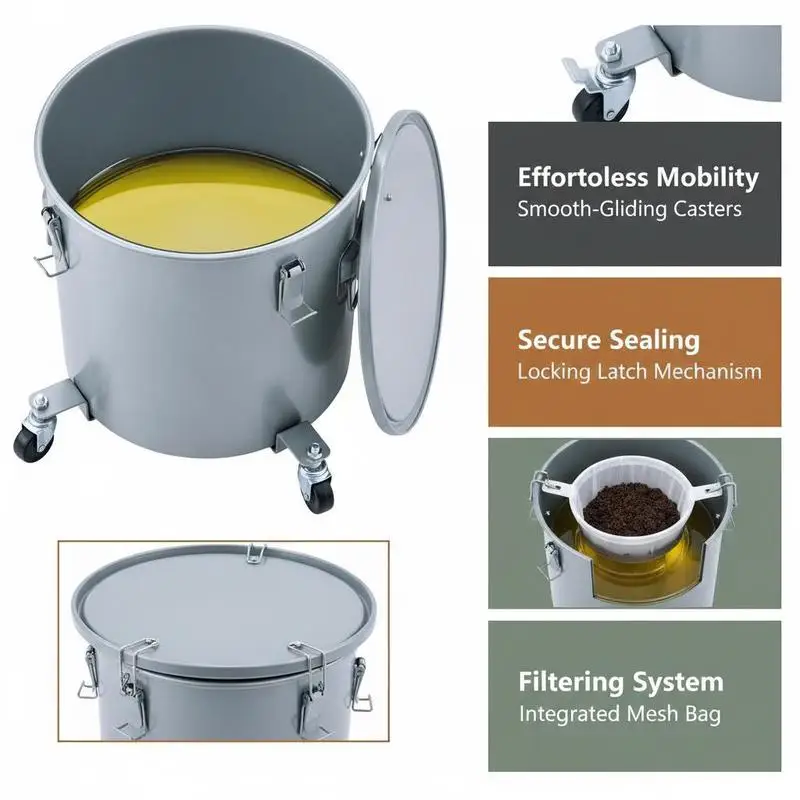 Carbon Steel Oil Transport Container 10 Gal For Restaurants Commercial Kitchens Food Trucks, Caster Base Lock Clips Filter Bag, Gray Heavy Duty Storage Drum High Capacity Waste Oil Caddy with Lid 15 Inch Diameter 18 Inch Height view 7
