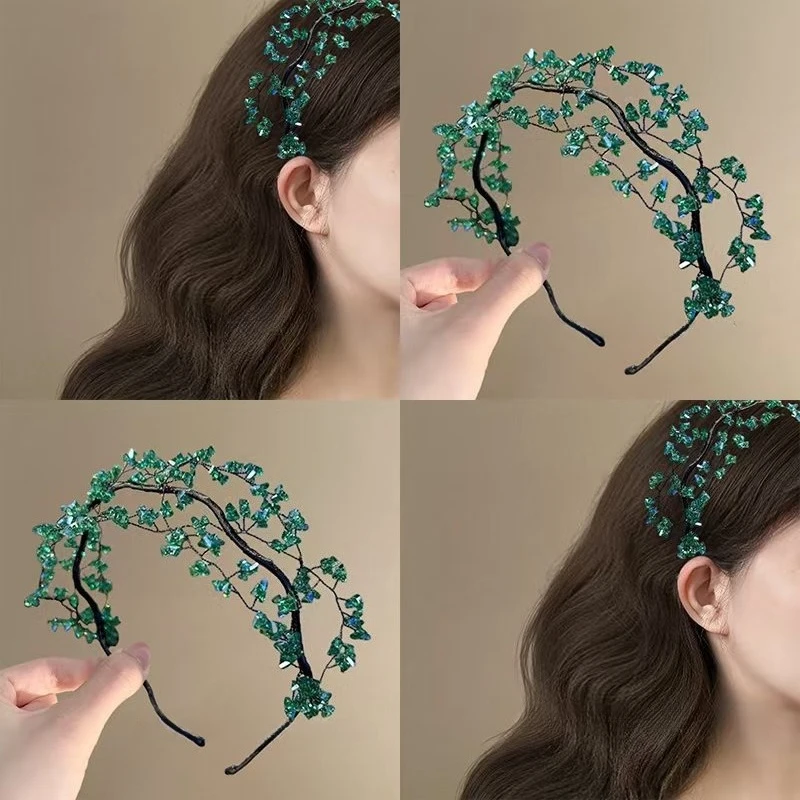 

Trendy Korean Style Fairy Vintage Headband Elegant Luxury Crystal Beaded Hair Hoop Hair Ornaments Green Wedding Headwear Women
