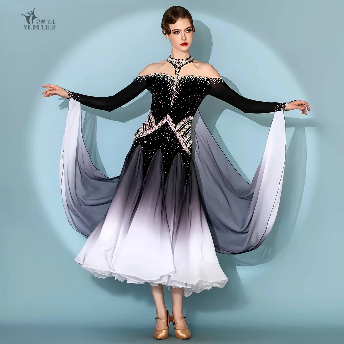 Ballroom dance competition dress halter off shoulder long sleeves,geometric rhinestone decor,black gray white gradient full swin