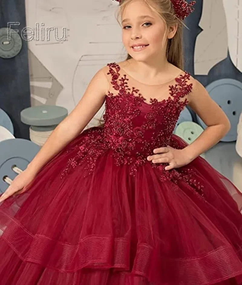 Customized Scoop Tiered Kids Wine Red Flower Girl Dress for Wedding Pearls Lace First Communion Ruffle Princess Birthday Gown