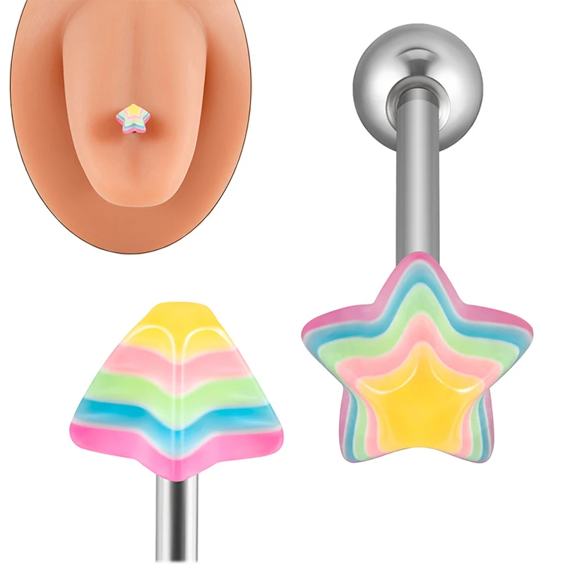 1pcs Rainbow Pyramid Conical Star Tongue Rings Stainless Steel Multicolor Tongue Studs Barbell Piercing Body Jewelry 14G