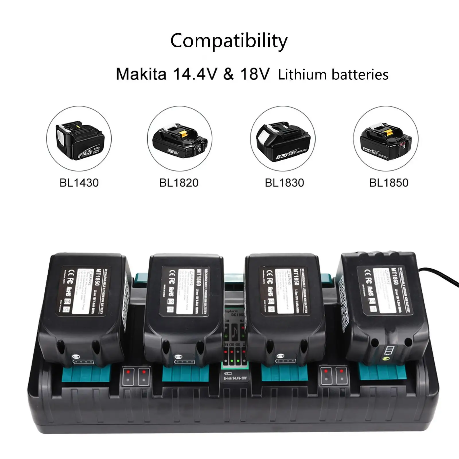 

14.4V 18V Battery Charger Base Fast Charging 4 Port for BL1820 BL1830 BL1850