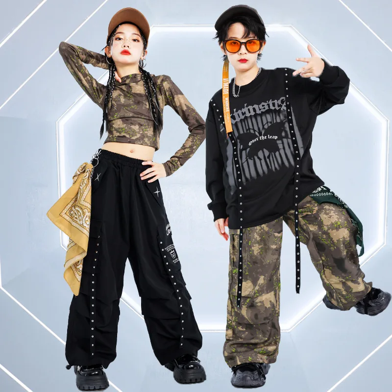 Ragazzi Costumi di danza di strada Moda Hip Hop Crop Felpe con cappuccio Street Dance Pantaloni mimetici Set Felpa Ragazze Gruppo Jazz K-pop Abiti