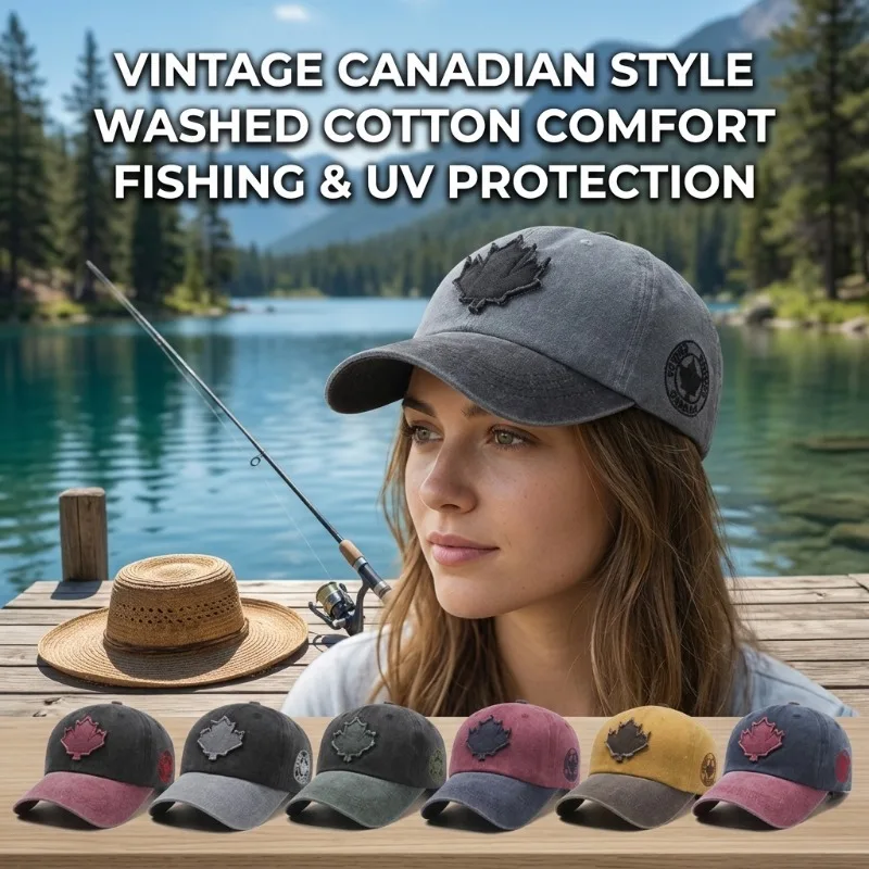 Sun Protection Accessory Adjustable Fit for Outdoor Fishing Daily Wear Women Patchwork Maple Leaf Patch Retro Baseball Cap