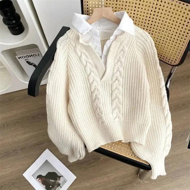 

Loose Knitted Sweater Polo Collar Patchwork Autumn Winter Women's Shirt Outerwear Twist Design Top Two-Piece Set