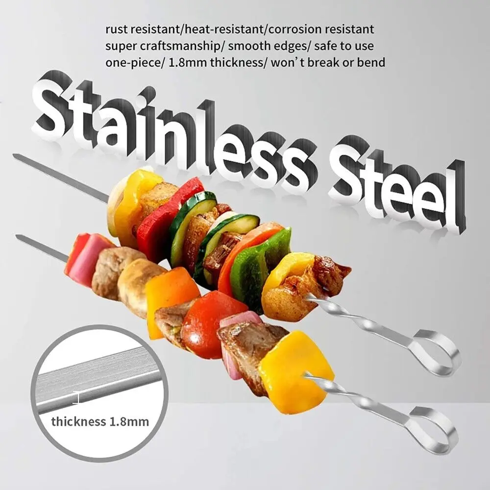 Flat Skewers Barbecue Forks Long Wood Handle Bbq Skewer Shish Kebab Barbecue Grill Sticks Stainless Steel Outdoors Grill Needle