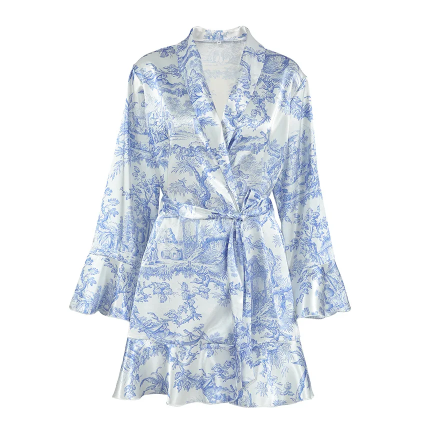 Printed Lotus Leaf Edge Long Sleeved Bathrobe, Autumn And Winter Pajamas, Satin Nightgown, Soft Women's Home Clothes Sexy V-neck 4