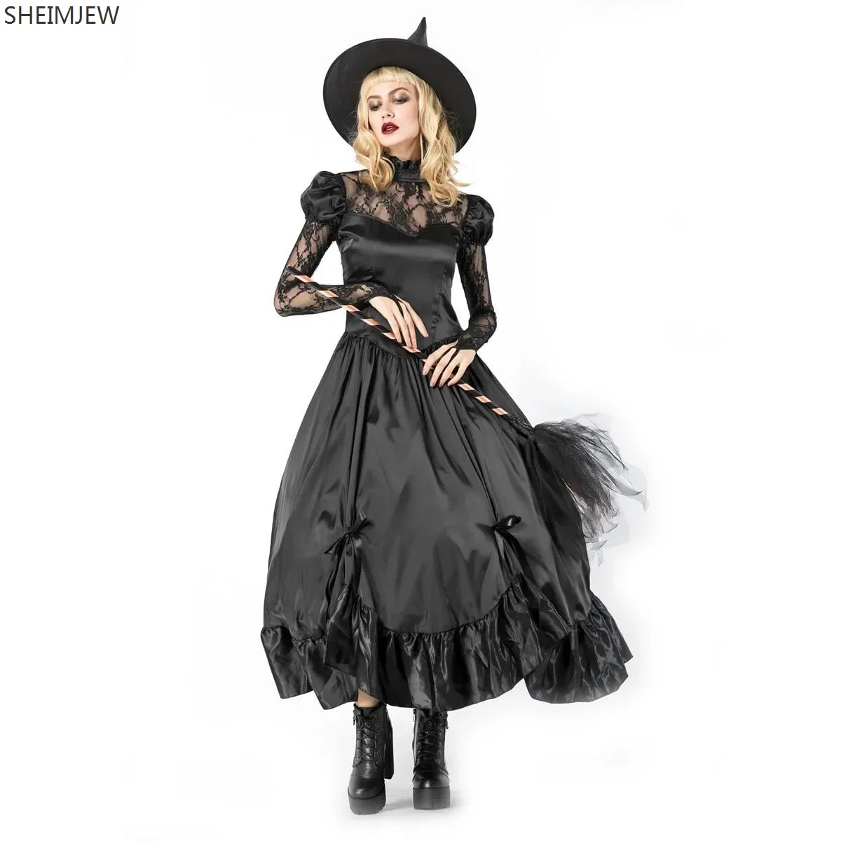 

New Halloween Witch Cosplay Costume Adult Role-playing Black Witch Dress Sexy Lace Long Sleeve Dress Carnival Party Dress Up