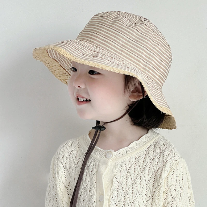 Summer Children's Raffia Patchwork Sun Hat French Style Clashing Colours Stripe Children's Fisherman Hat Seaside Sunscreen Hat