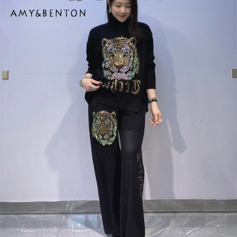 Set lavorato a maglia con strass testa di cartone animato da donna americana, pullover autunno inverno, maglione a collo alto, pantaloni lunghi a gamba larga, abito a due pezzi