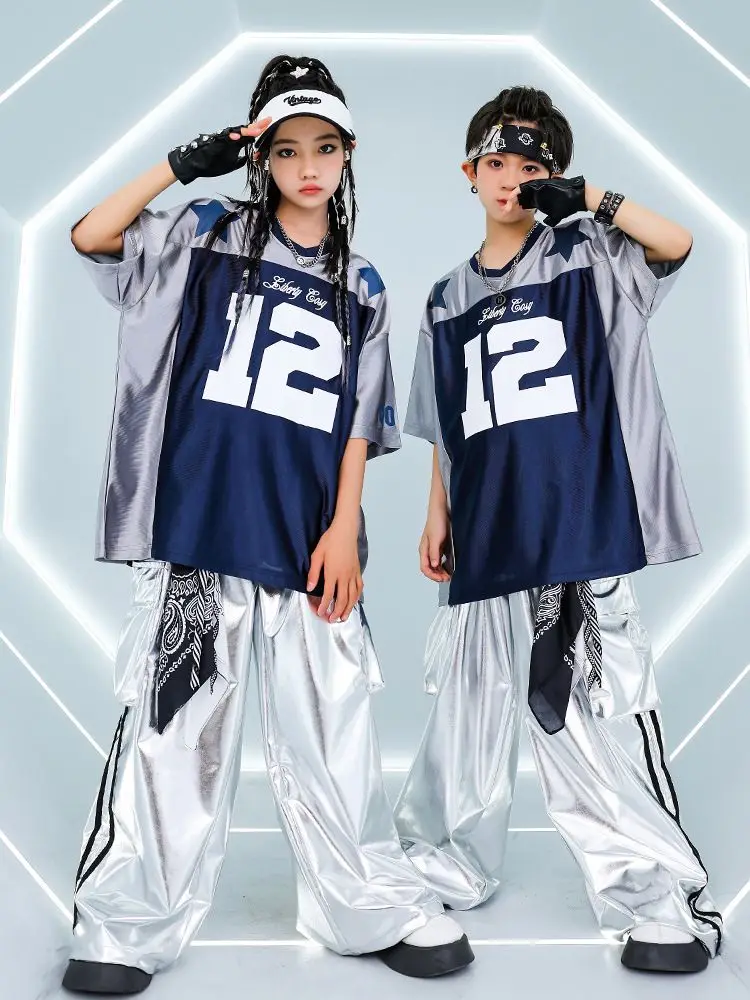 Boys Hip Hop Clothes Sets Loose Short Sleeve T Shirt Silver Pants Kids Street Dance Clothing Teenagers Girls Jazz Practice Wear