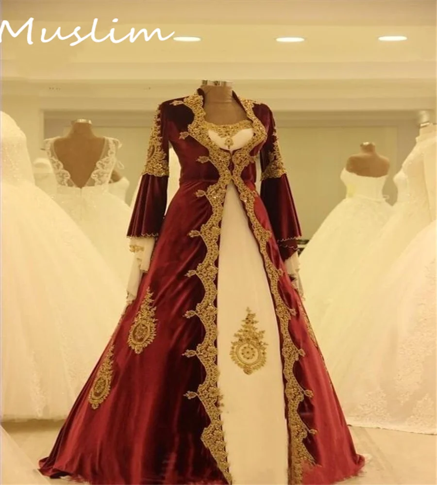 Vintage Burgundy Turish Wedding Dress With Gold Lace Long Sleeve Caftan Moroccan Bridal Gown Velvet Bride Dress Customized