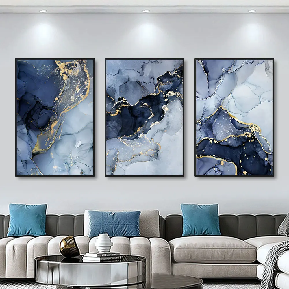 3pcs Modern Gold Blue Marble Wall Art Posters Abstract Canvas Painting Prints Pictures Living Room Interior Home Decoration